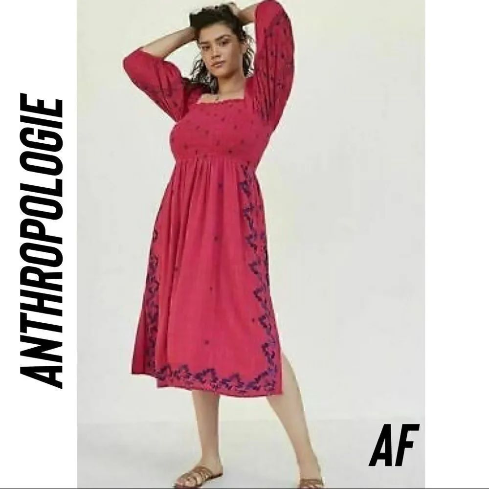 ANTHROPOLOGIE BONNIE SMOCKED MIDI DRESS NEW MAGENTA COMBO MEDIUM